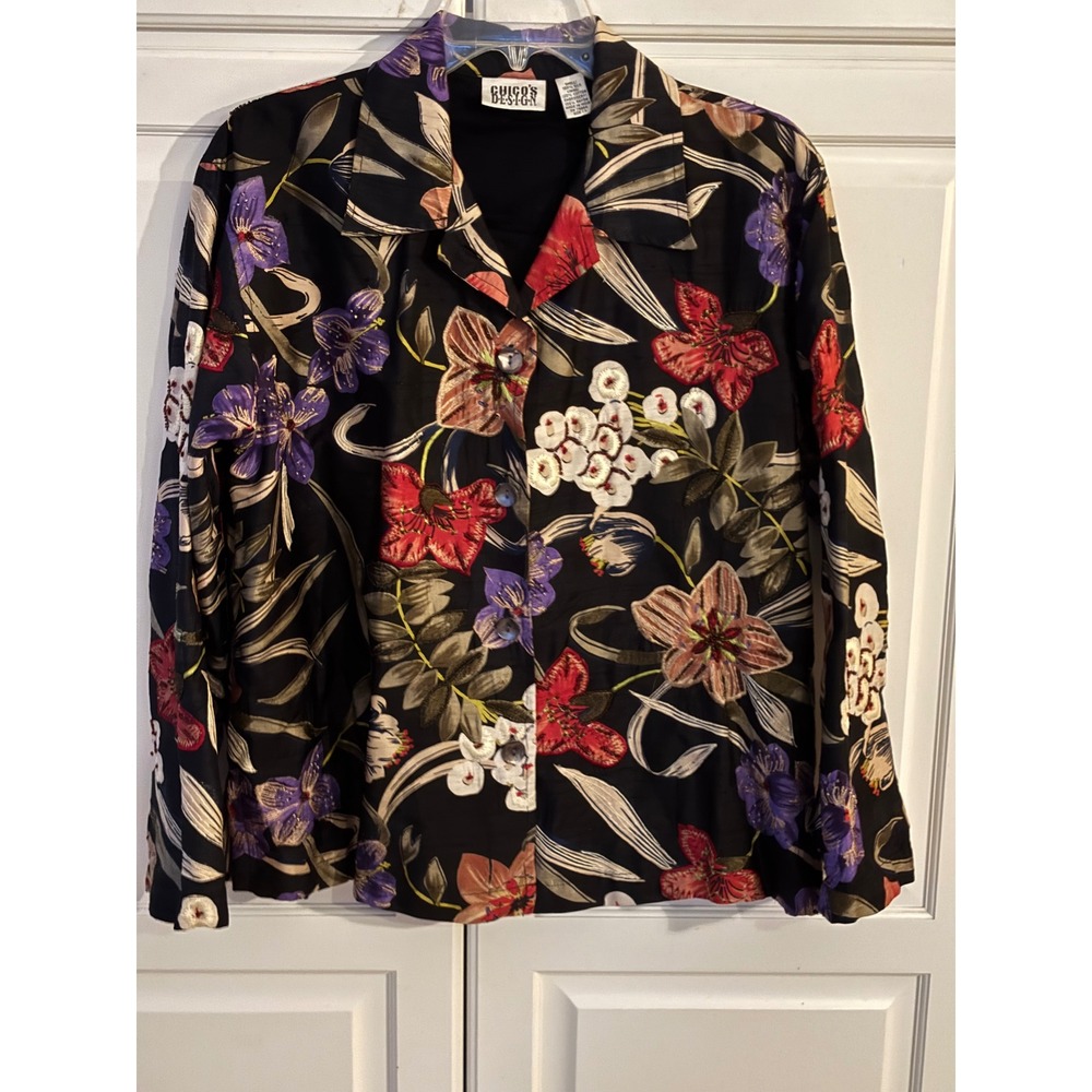 Chicos Design Silk Floral Embroidered Beaded Jacket Black Size 8 RN 79984‎